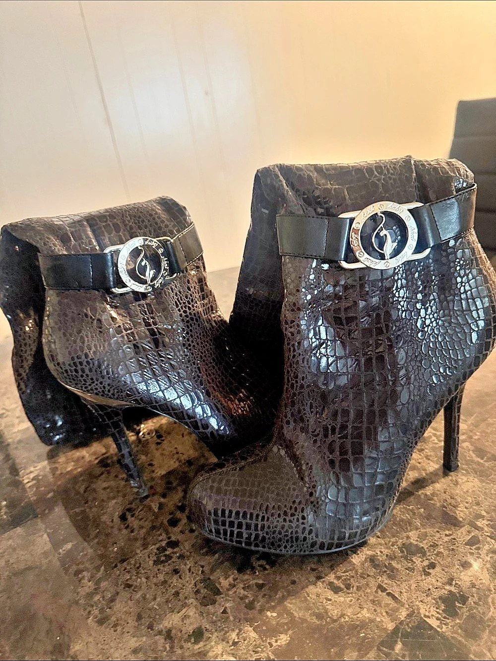 Baby Phat Black Embossed Heeled Boots